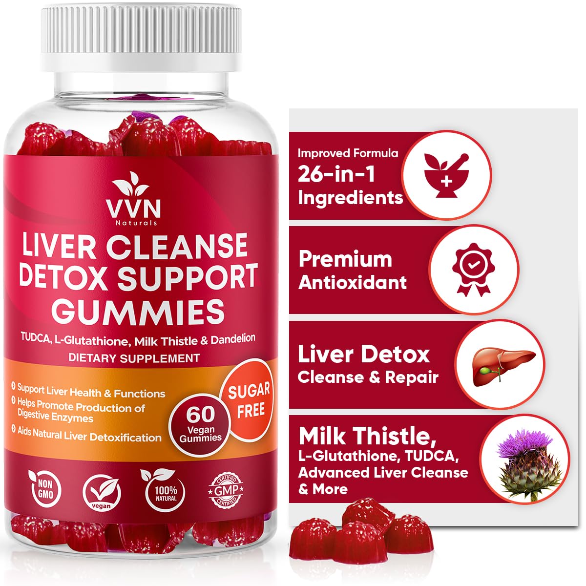 VV Naturals Sugar-Free 26-in-1 Liver Detox Gummies bottle promotes easy daily liver support.