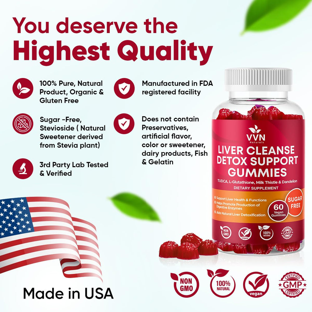 VV Naturals bottle shows 60 gummies for daily liver care.