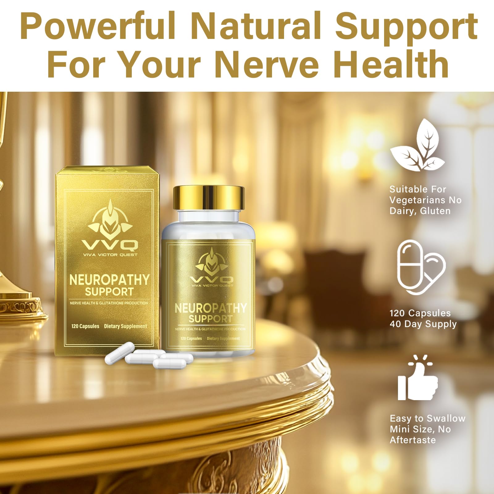 VVQ Nerve Savior label detail showing ingredients like ALA and Benfotiamine.