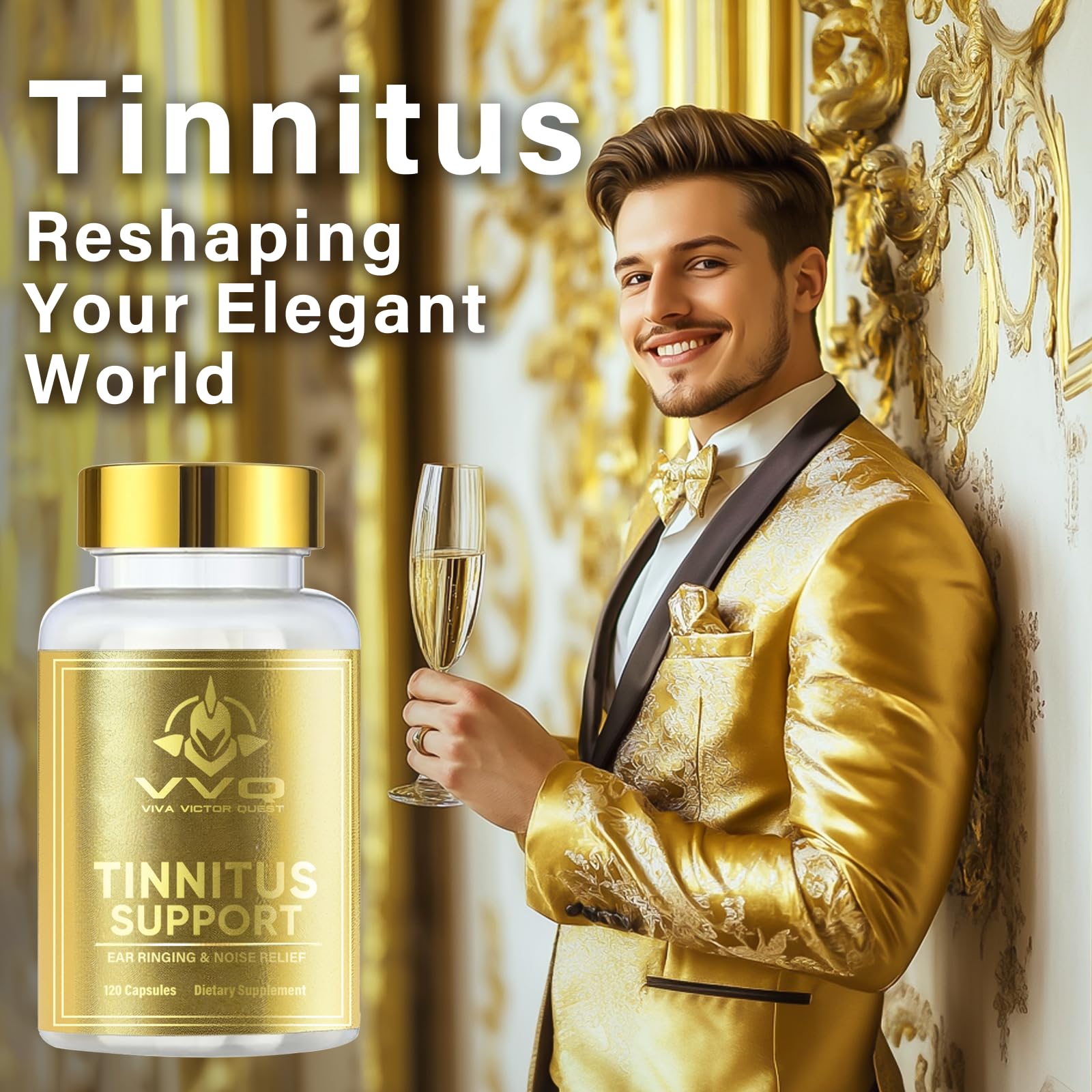 VVQ Tinnitus Relief capsules close-up highlighting plant-based support for ear health