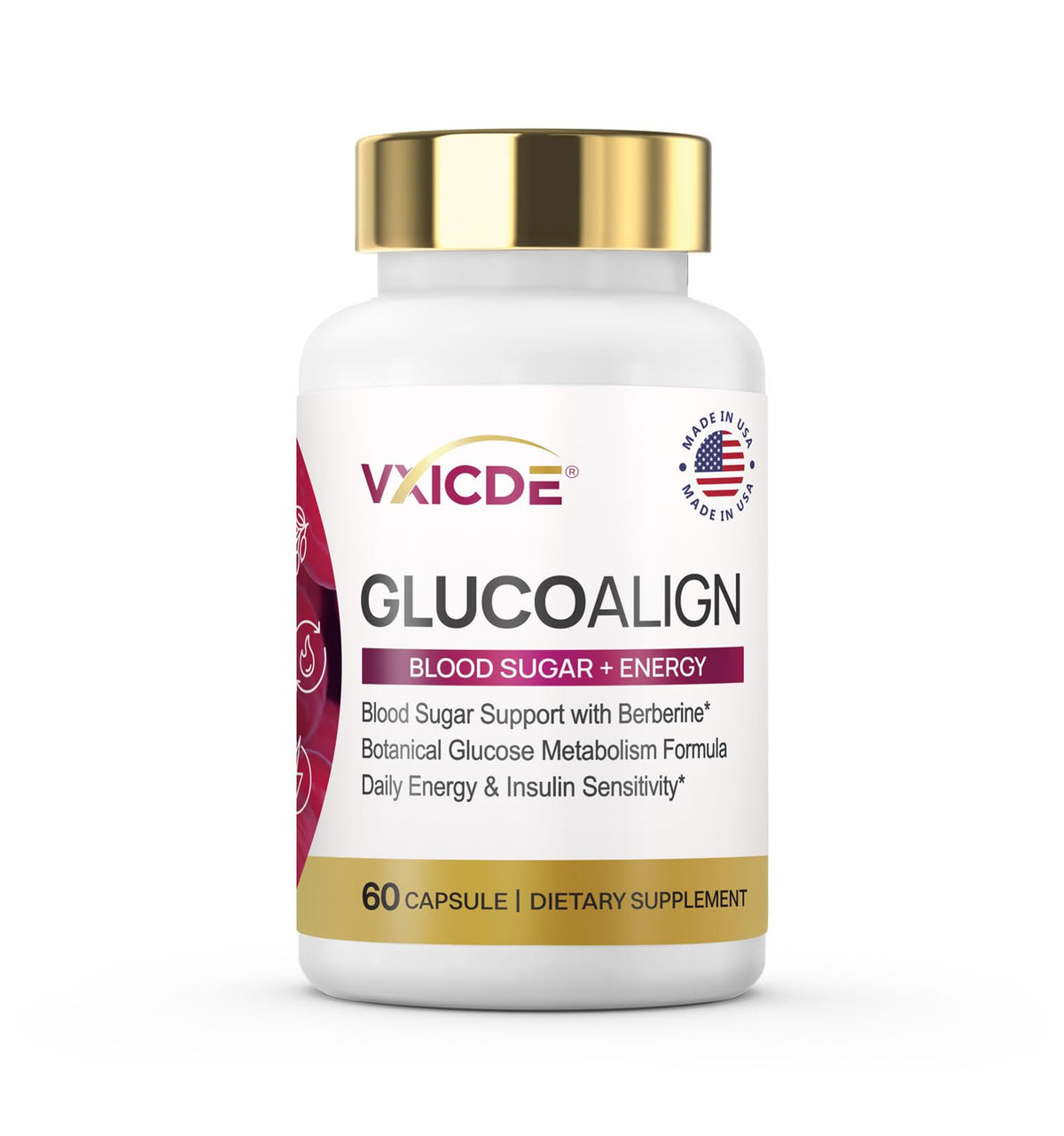 VXICDE Berberine HCl bottle with clear label and gluten-free, non-GMO notes