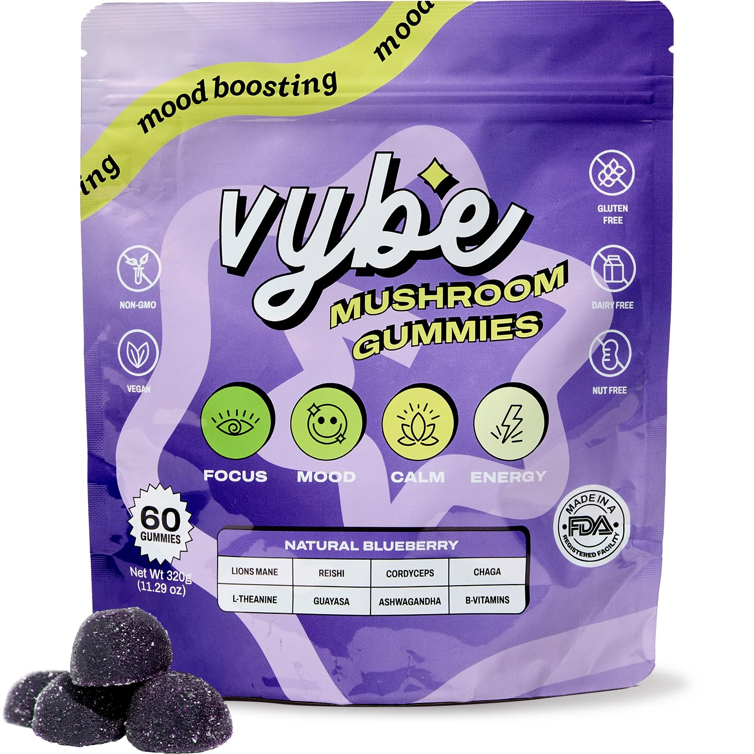 Vybe Wellness Daily Nootropic Gummies bottle closeup showing blueberry flavor and focus support.