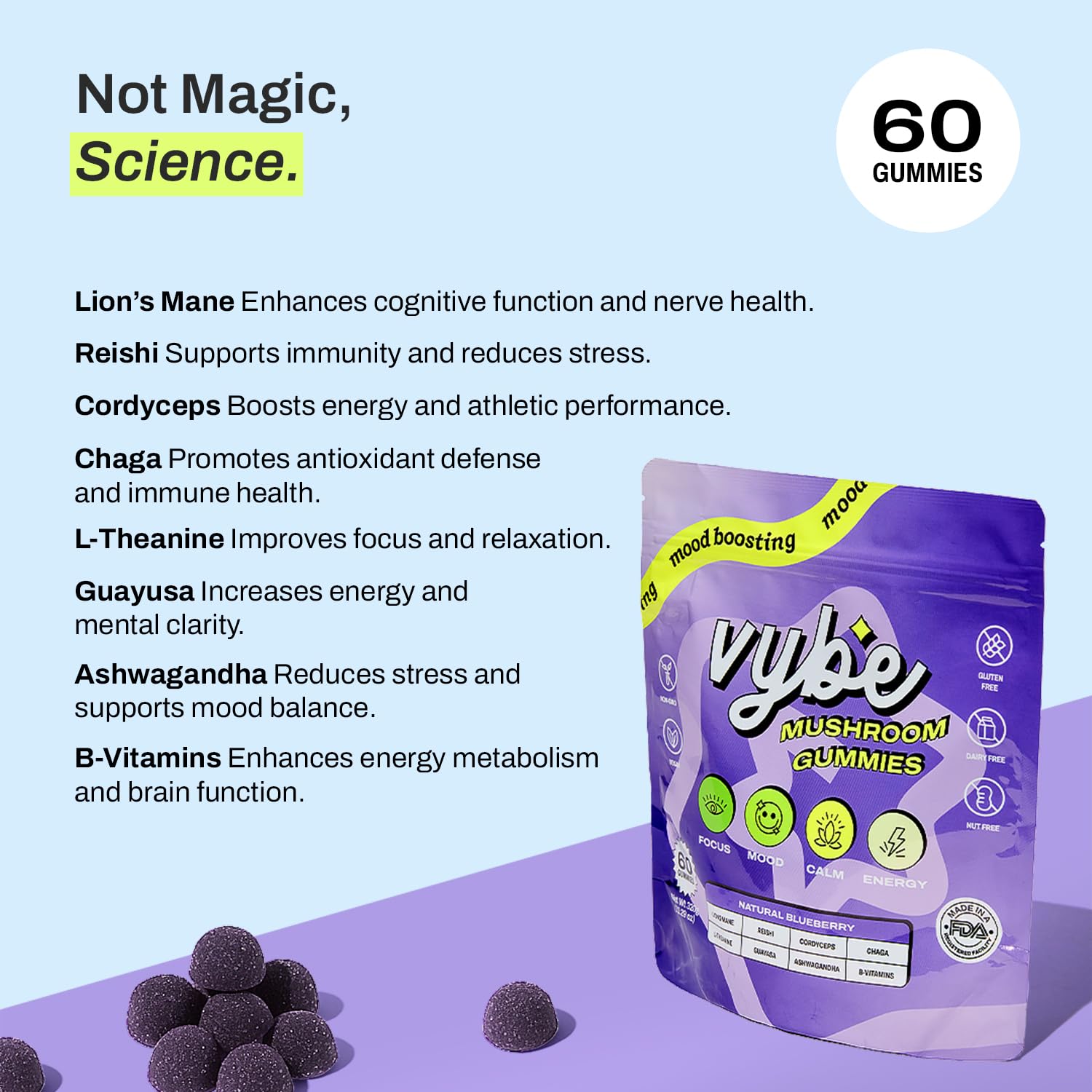 Vybe gummies on a kitchen counter suggesting a daily routine.