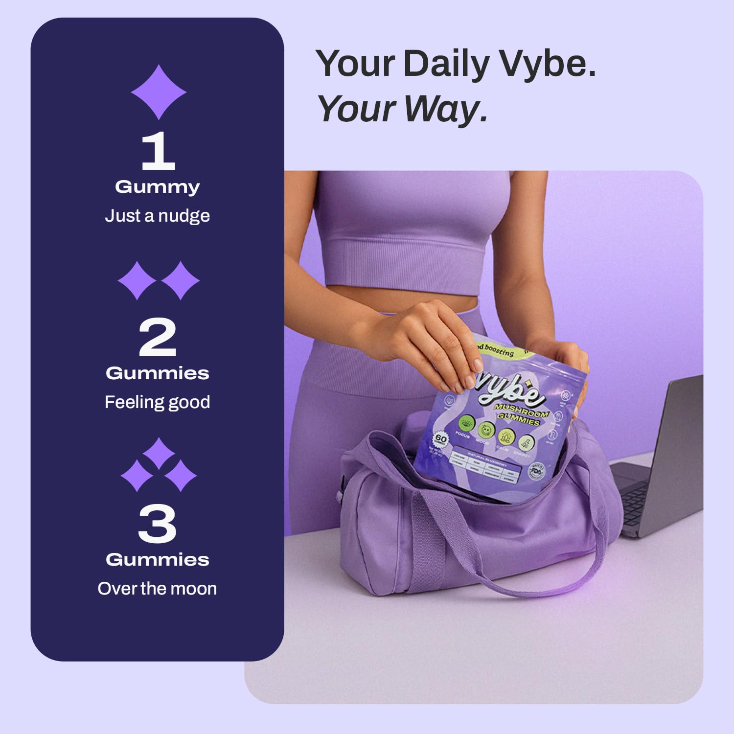 User with Vybe Daily Nootropic Gummies pack, ready for daily use.