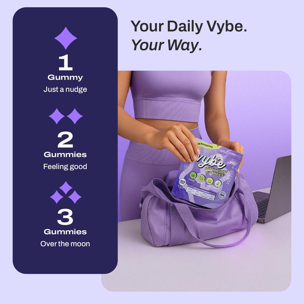 User with Vybe Daily Nootropic Gummies pack, ready for daily use.