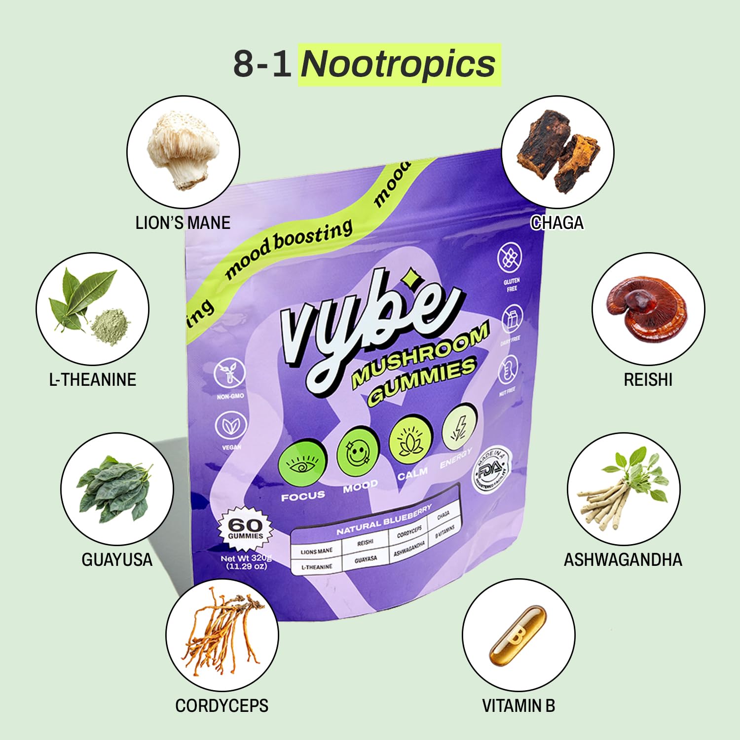Vegan and gluten-free Vybe label on blueberry-flavored gummies.