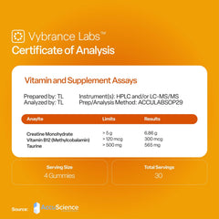 VYBRANCE LABS Creapure Gummies citrus mango close-up with natural color and lemony scent.