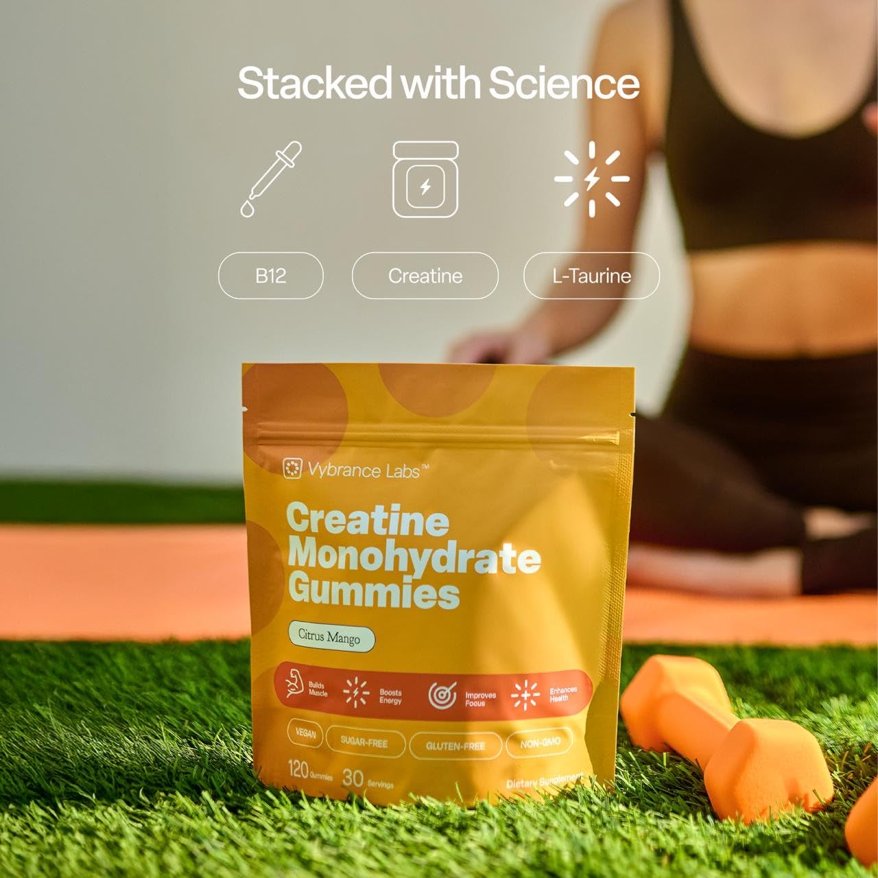 VYBRANCE LABS Creapure Gummies label front highlighting key ingredients.