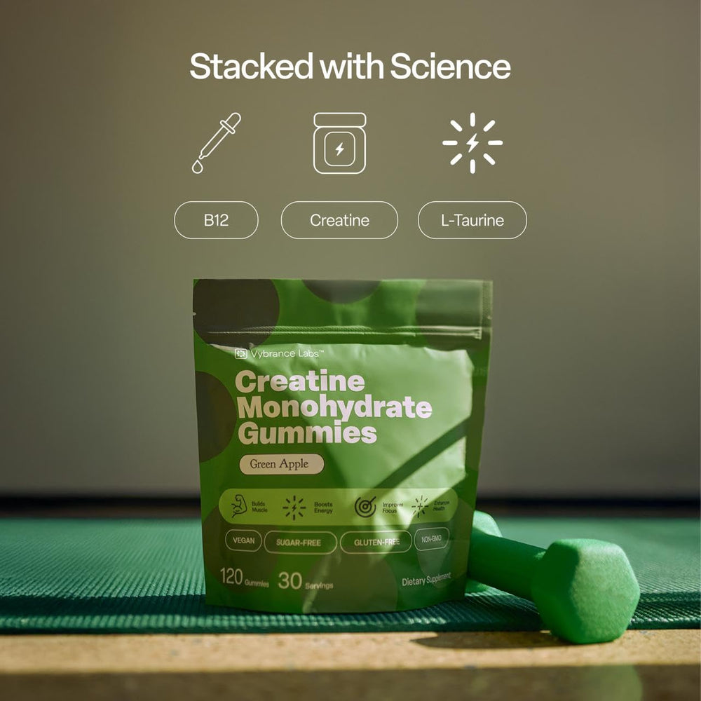 VYBRANCE LABS gummies poured into hand to show serving ease for on-the-go use
