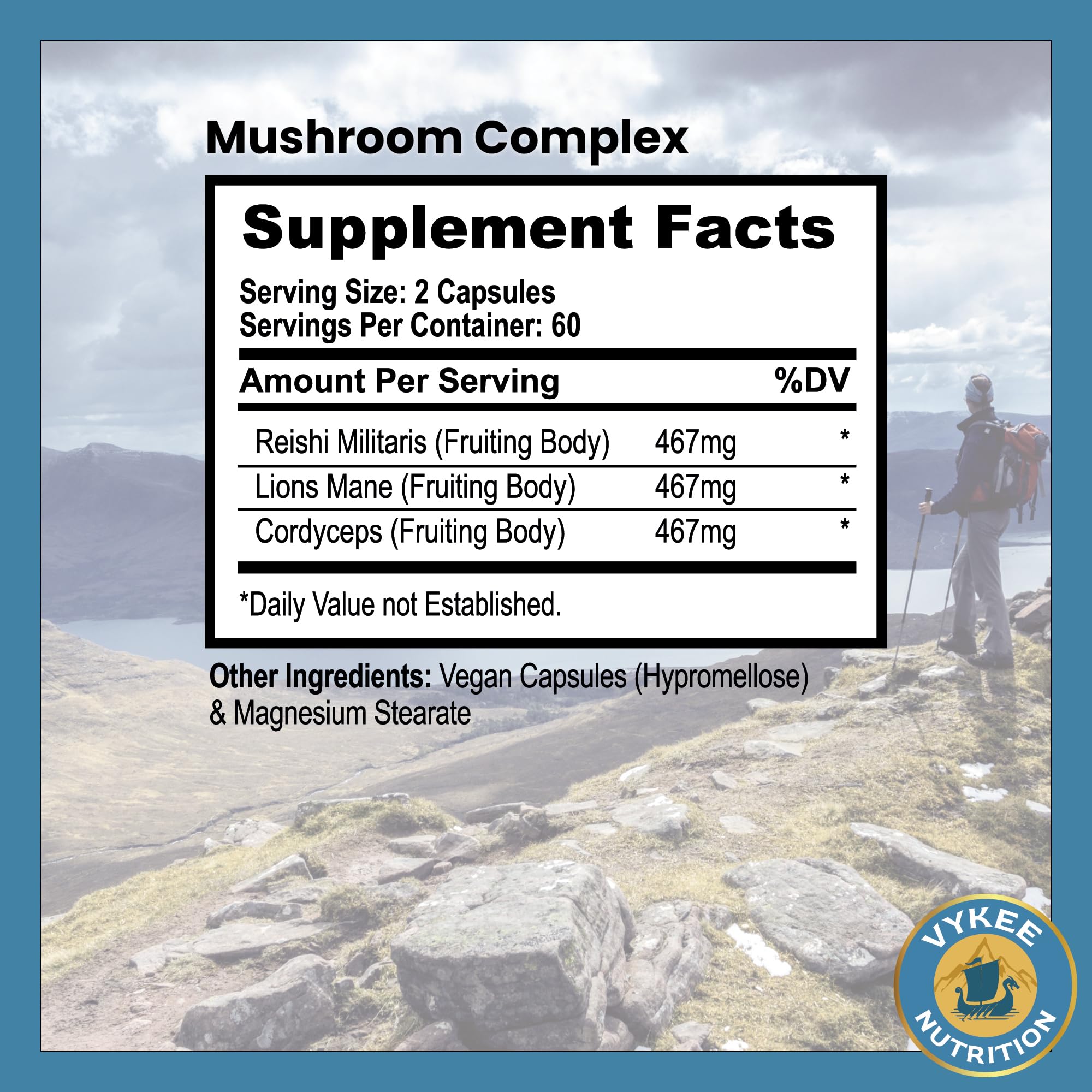 Vykee Nutrition Mushroom Blend bottle cap emphasizes easy dosing and transparency