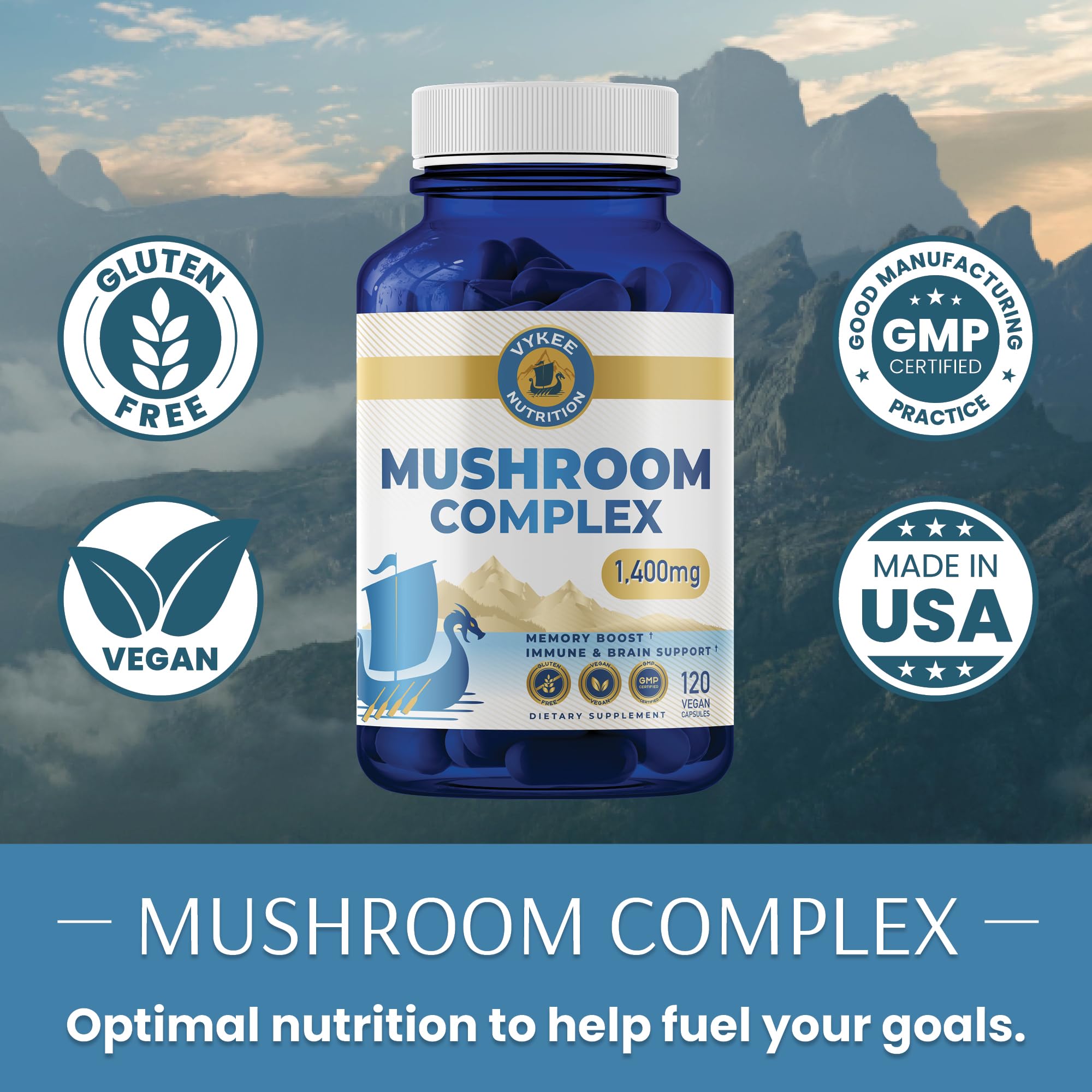 Vykee Nutrition Mushroom Blend bottle highlighting Lion’s Mane for sharper memory