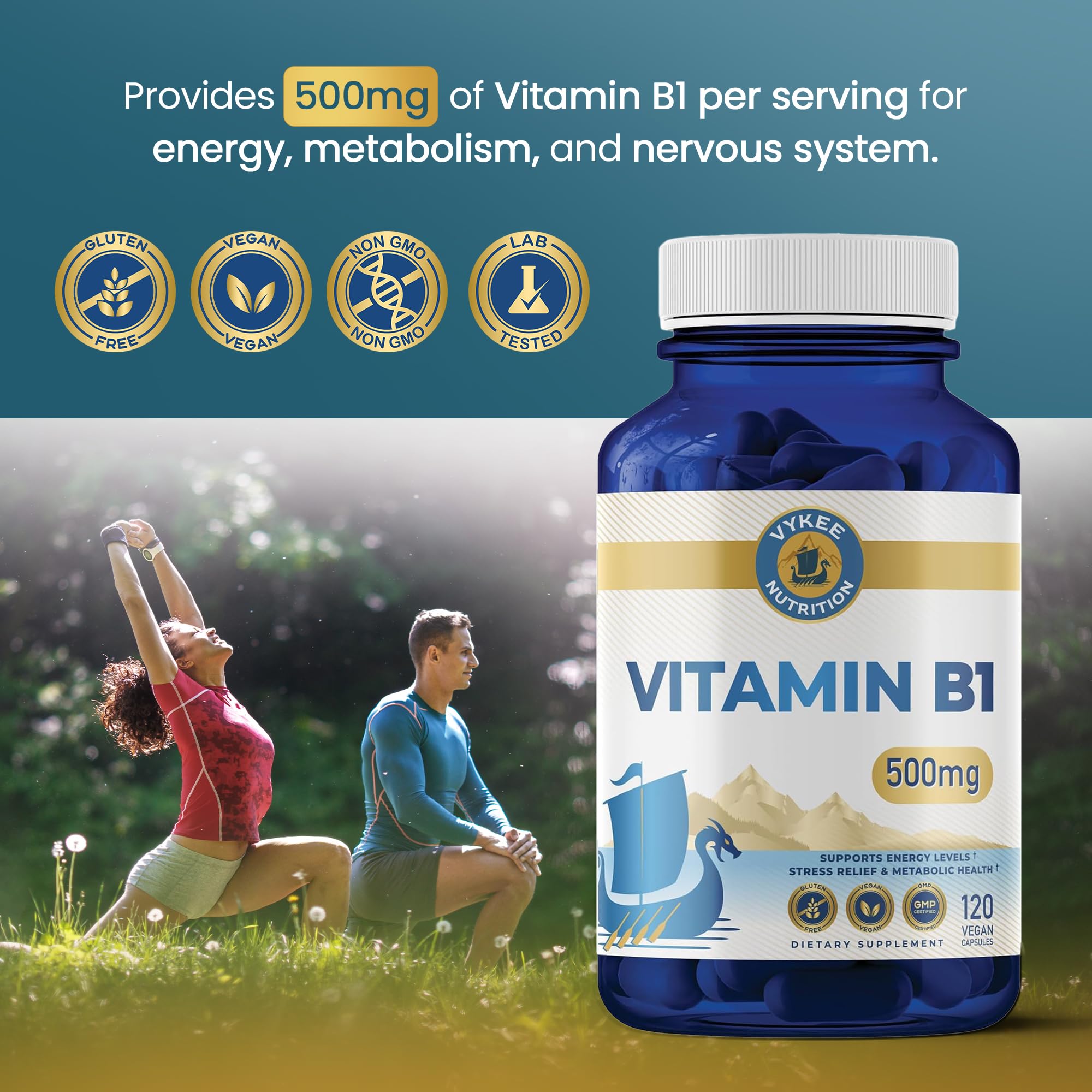 Vykee Nutrition Vitamin B1 capsules beside glass for convenient daily energy support.