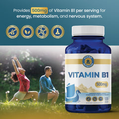 Vykee Nutrition Vitamin B1 capsules beside glass for convenient daily energy support.