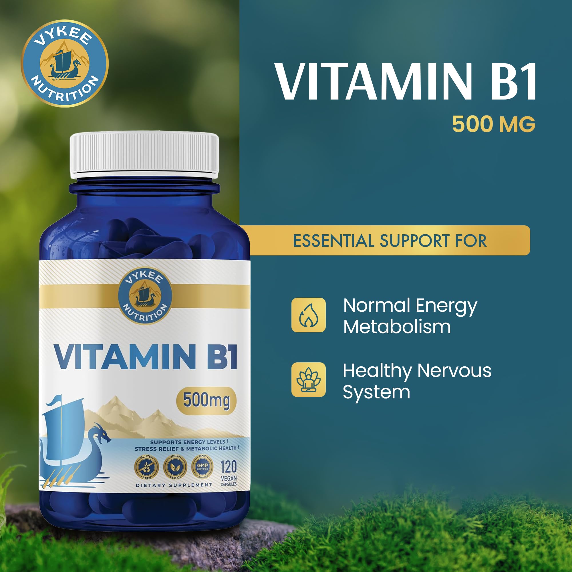 Vykee Nutrition Vitamin B1 capsules close-up showing potency and easy daily dosage.