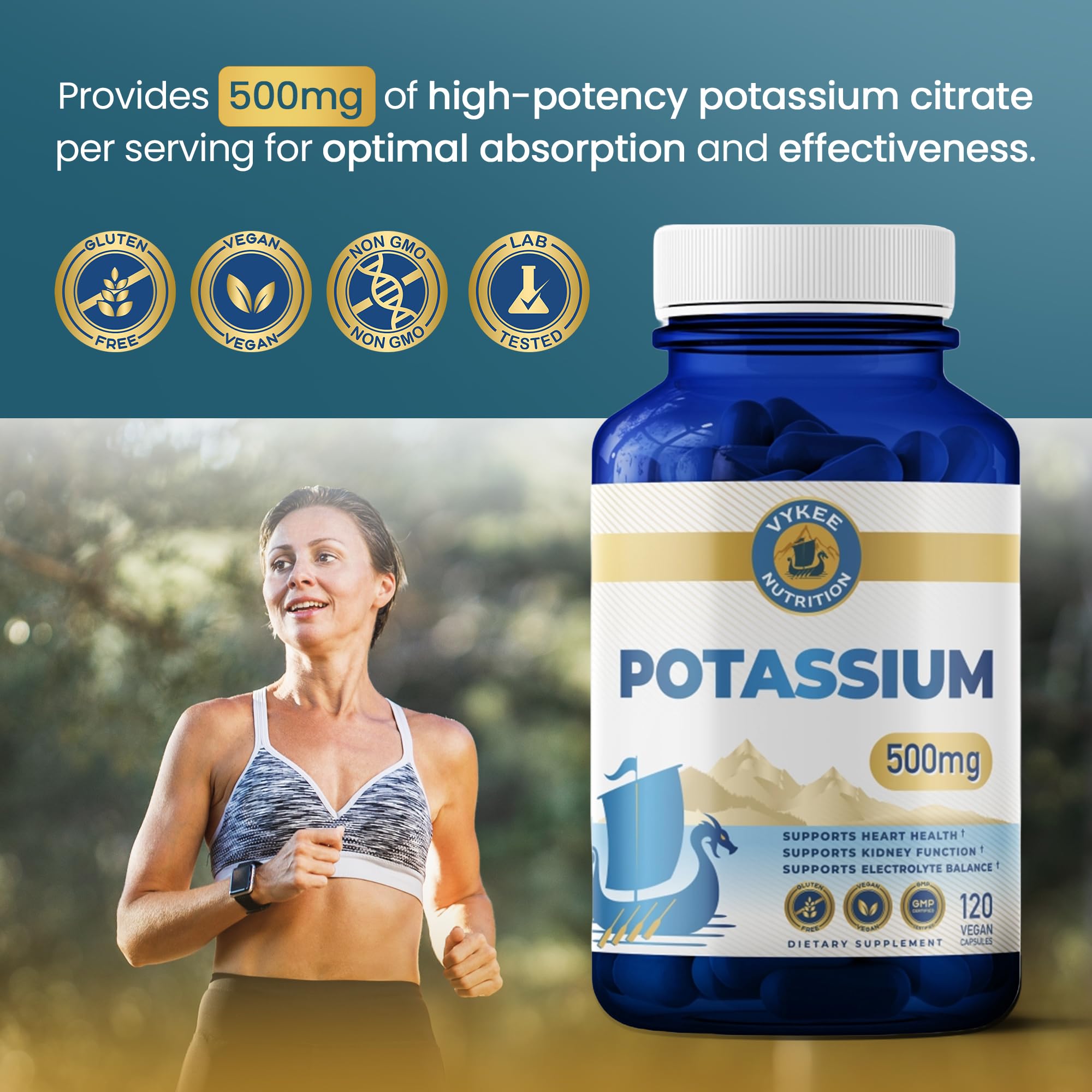 Vykee Nutrition potassium citrate capsules with vegan and gluten-free icons.