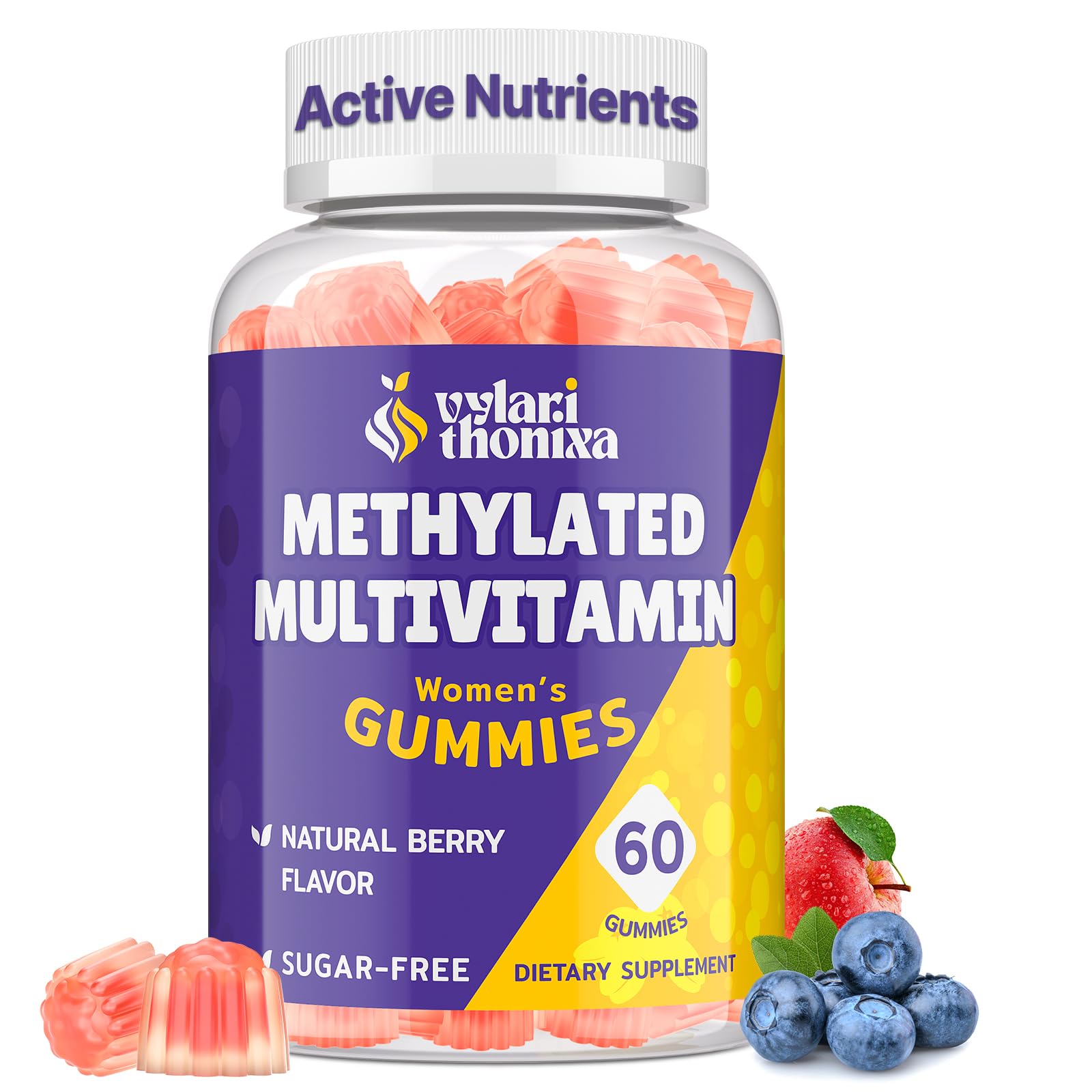 Vylarithonixa packshot showing methylated multivitamin gummies for daily energy and wellness.