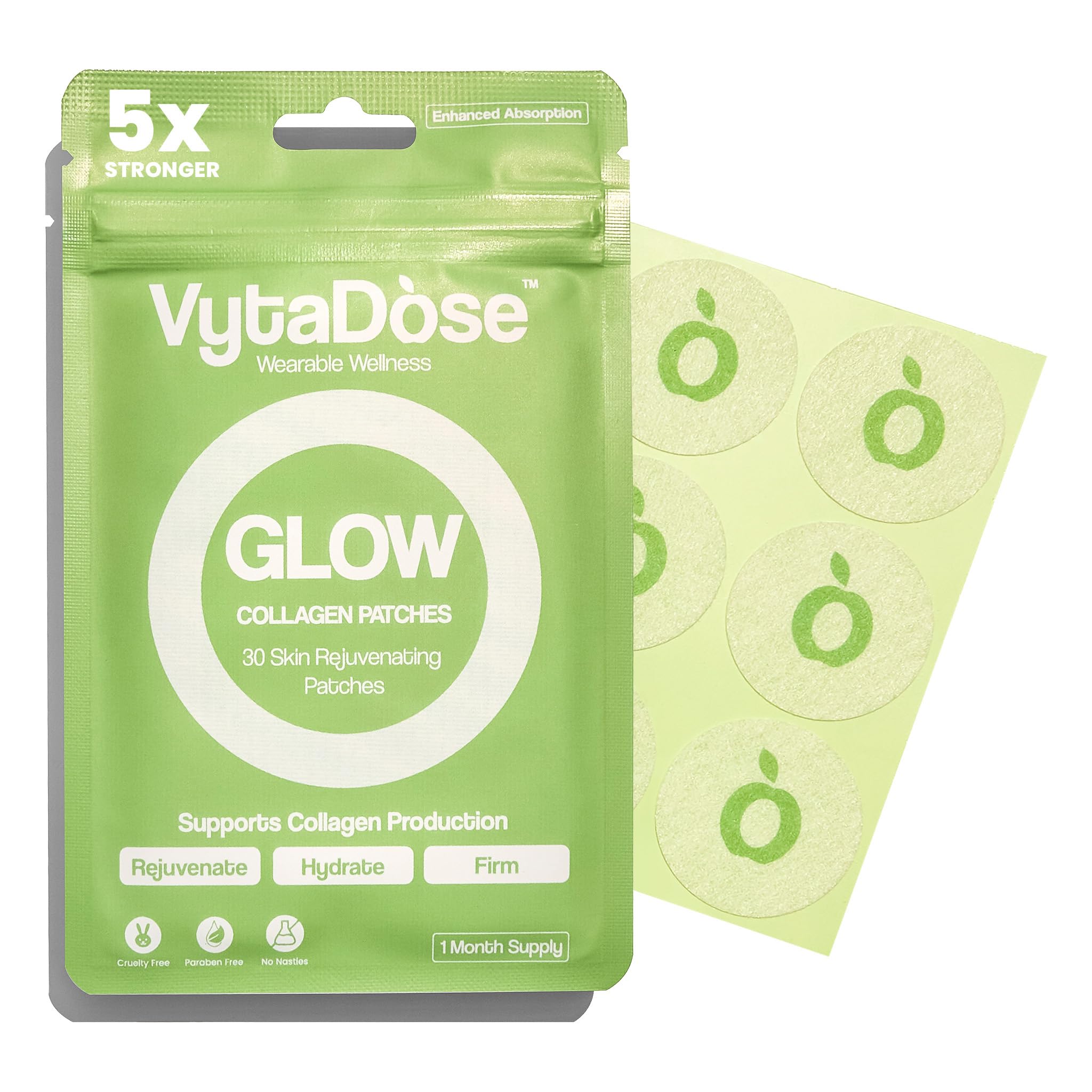 Vytadose collagen glow patch applied to skin for hydrated, radiant complexion