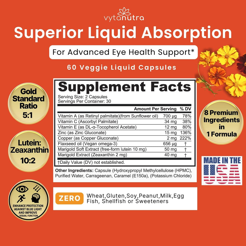 Close view of the Vytanutra bottle label showing lutein and zinc formulation details.