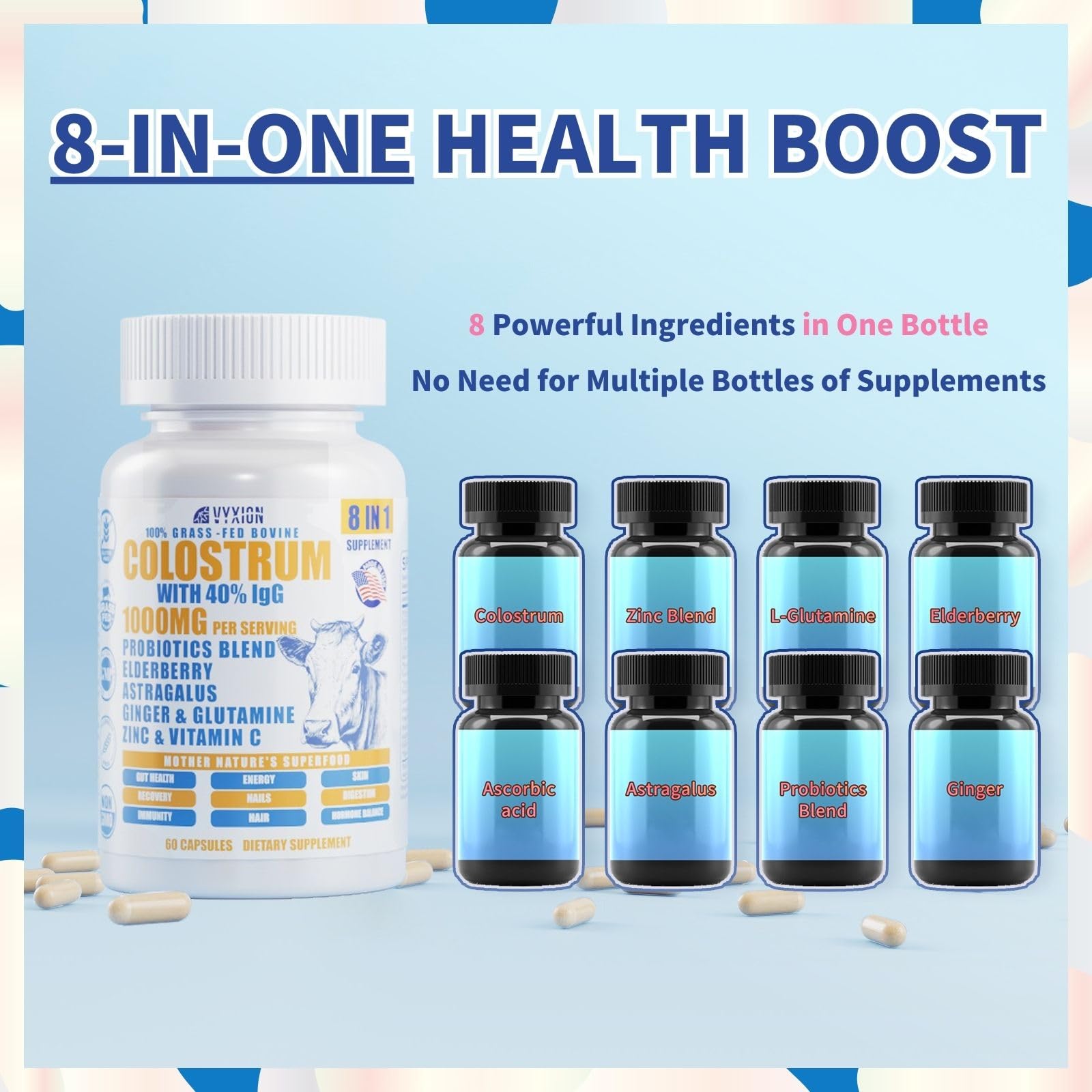 VYXION 8-in-One colostrum capsules show a comprehensive health blend for vitality