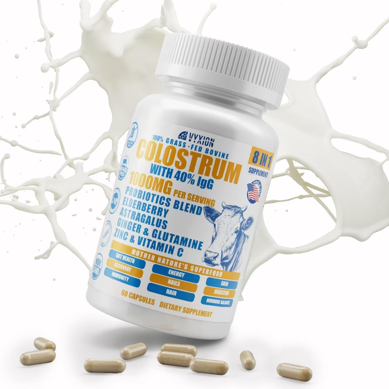 VYXION bovine colostrum bottle highlights immune-support formula for daily wellness