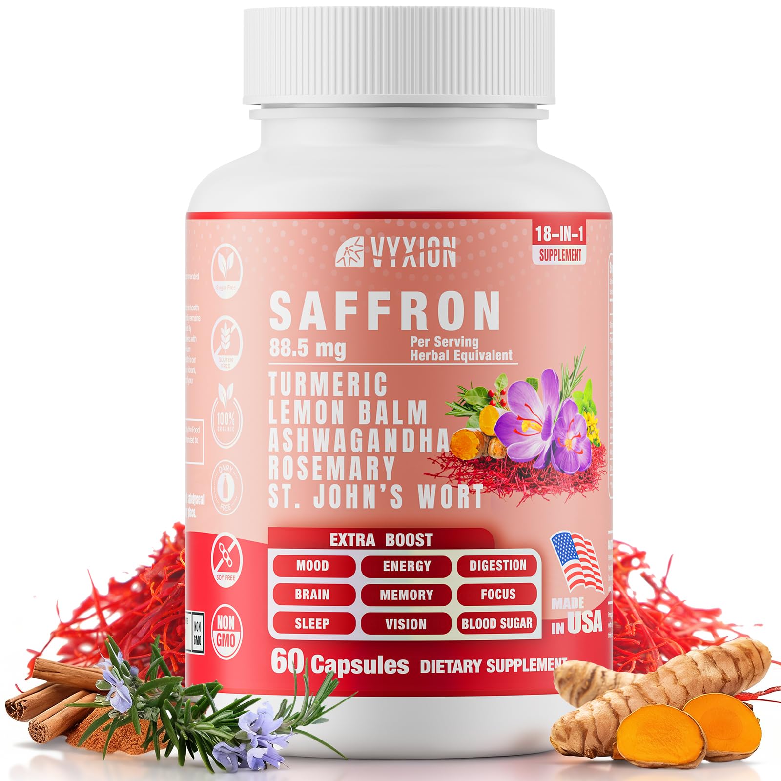 Vyxion Saffron supplements bottle for daily mood support