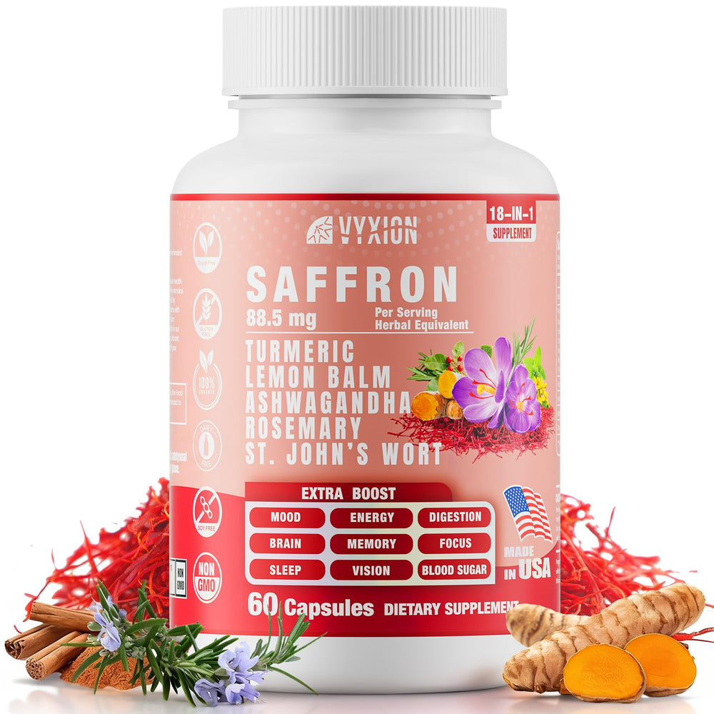 Vyxion Saffron supplements bottle for daily mood support