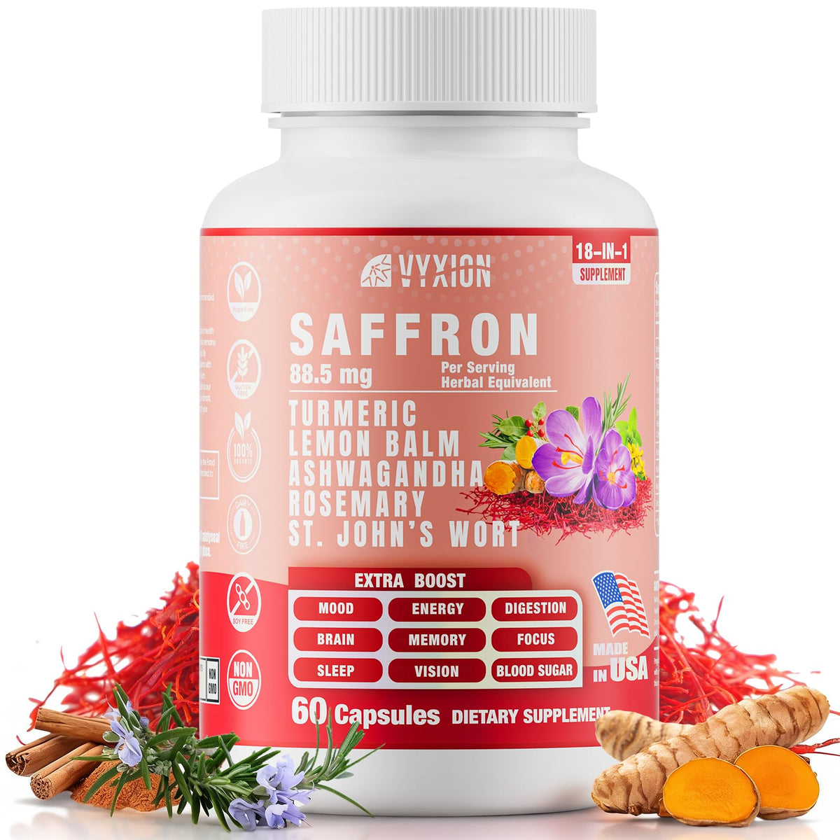 Vyxion Saffron supplements bottle for daily mood support
