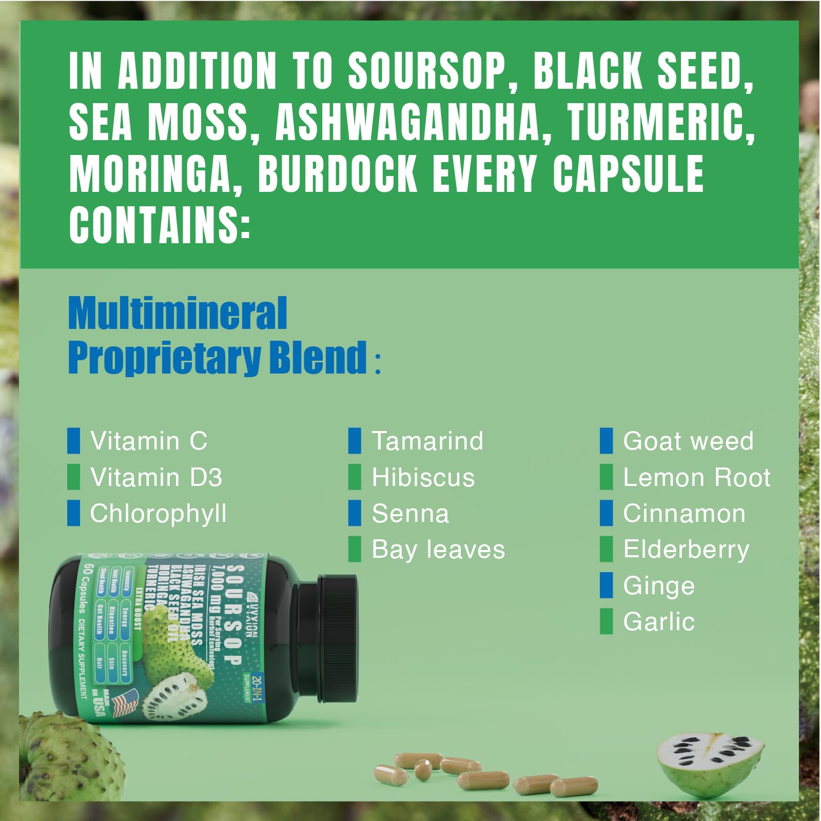 Vyxion Soursop bottle on table in clean packaging.