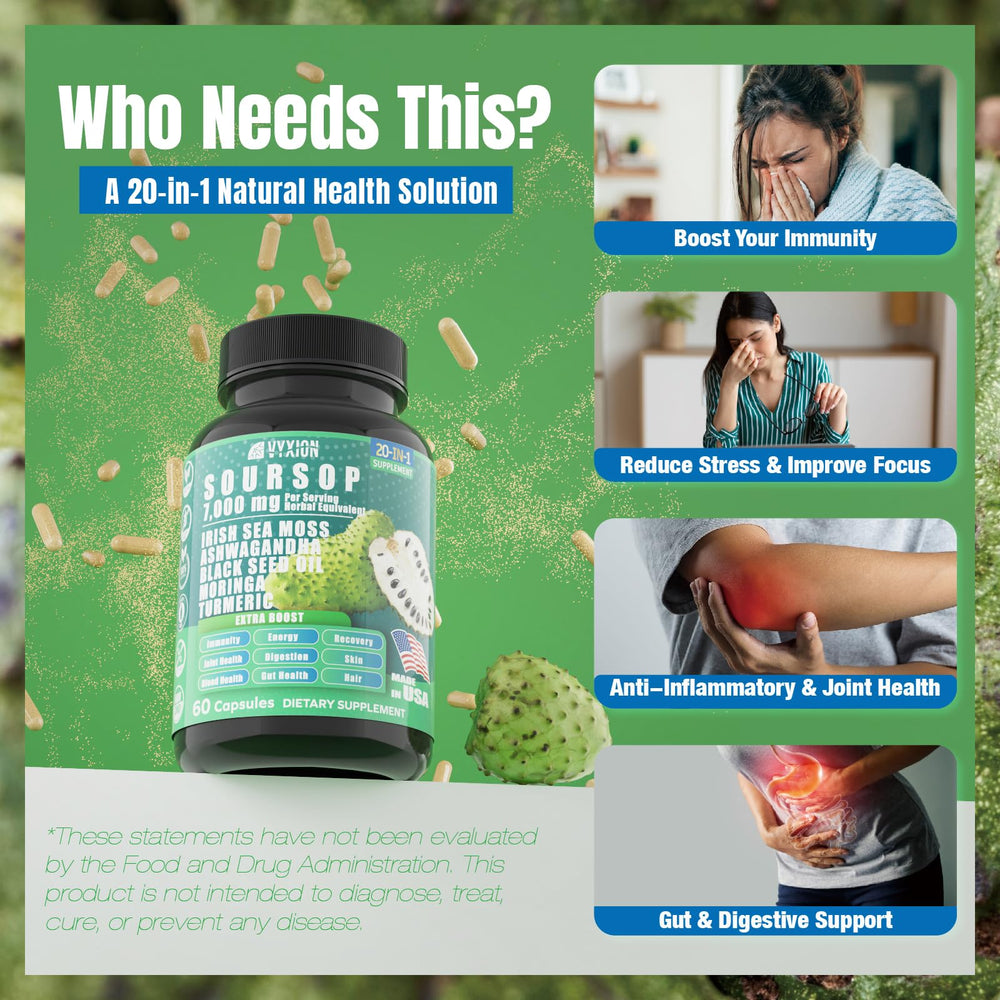 Closeup of Vyxion Soursop capsules showing texture and extract potency.