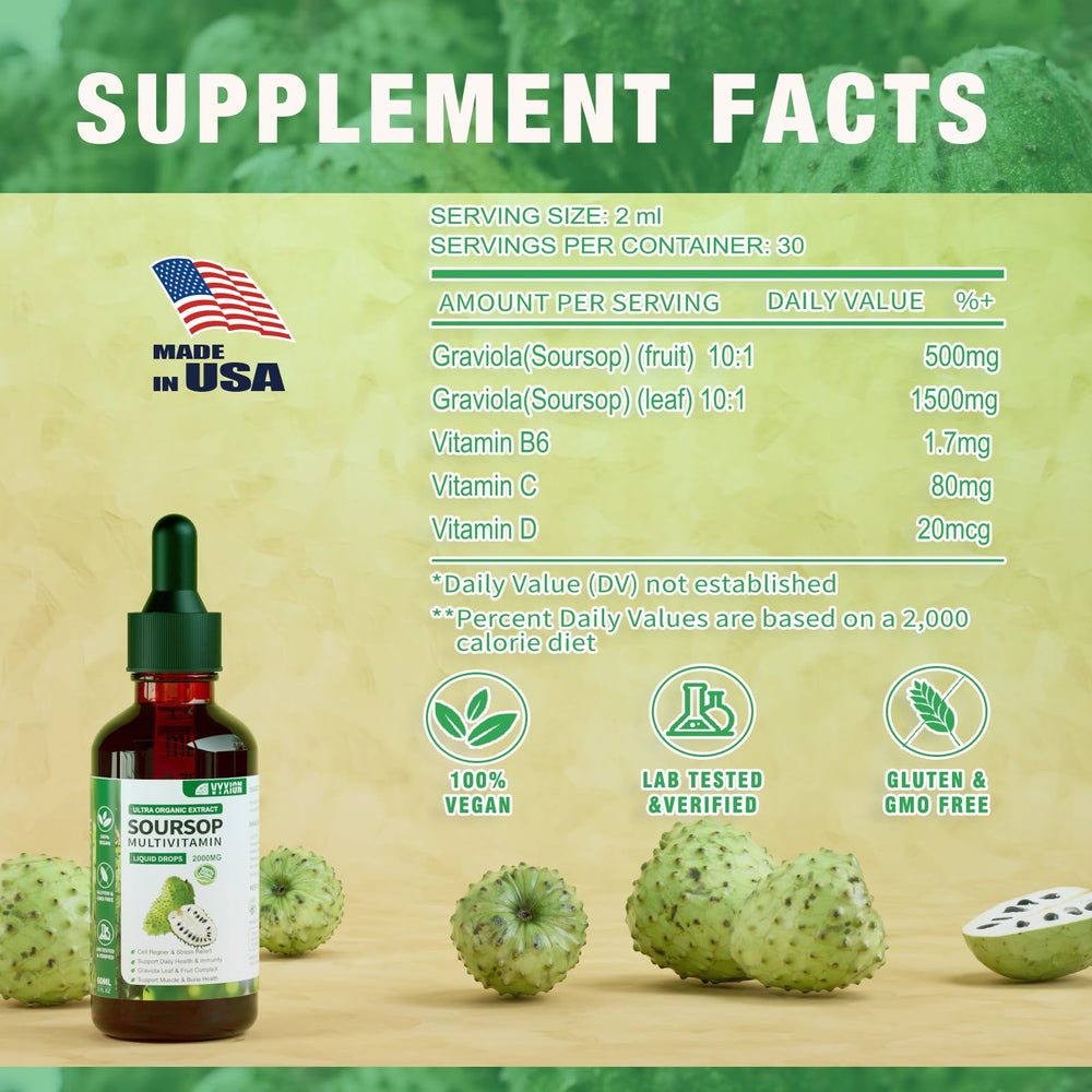 Vyxion Soursop Drops added to water or juice for convenient daily nutrition.