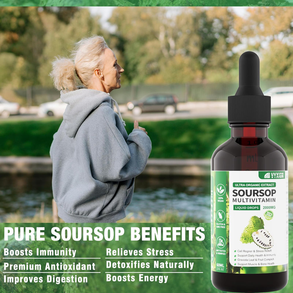 Vyxion Soursop Drops bottle with no alcohol highlights vegan, alcohol-free formula.