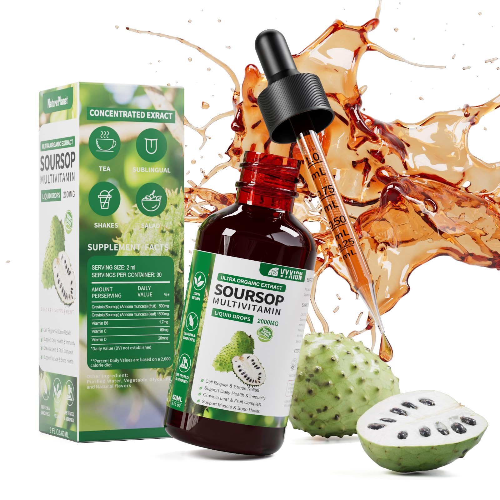Vyxion Soursop Drops bottle close-up, vegan immune-support formula.