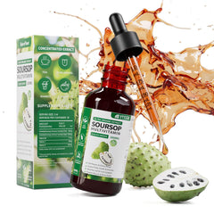 Vyxion Soursop Drops bottle close-up, vegan immune-support formula.
