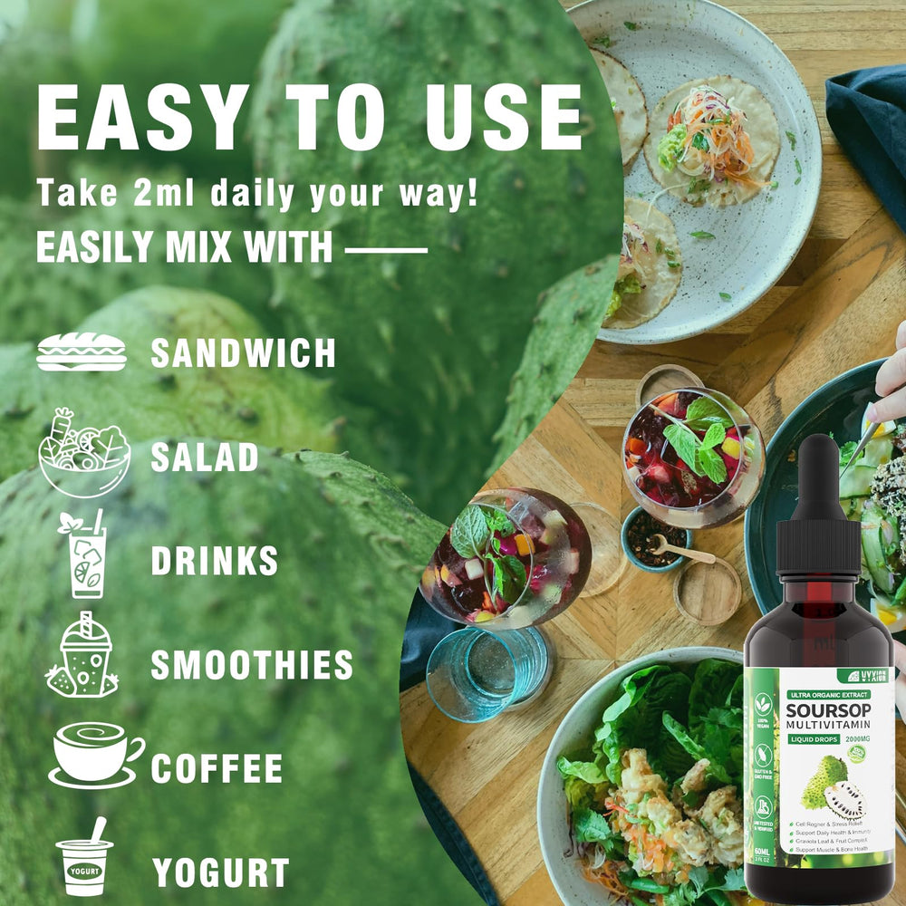 Vyxion Soursop Drops label emphasizes vitamin B6, C, D3 blend for daily vitality.