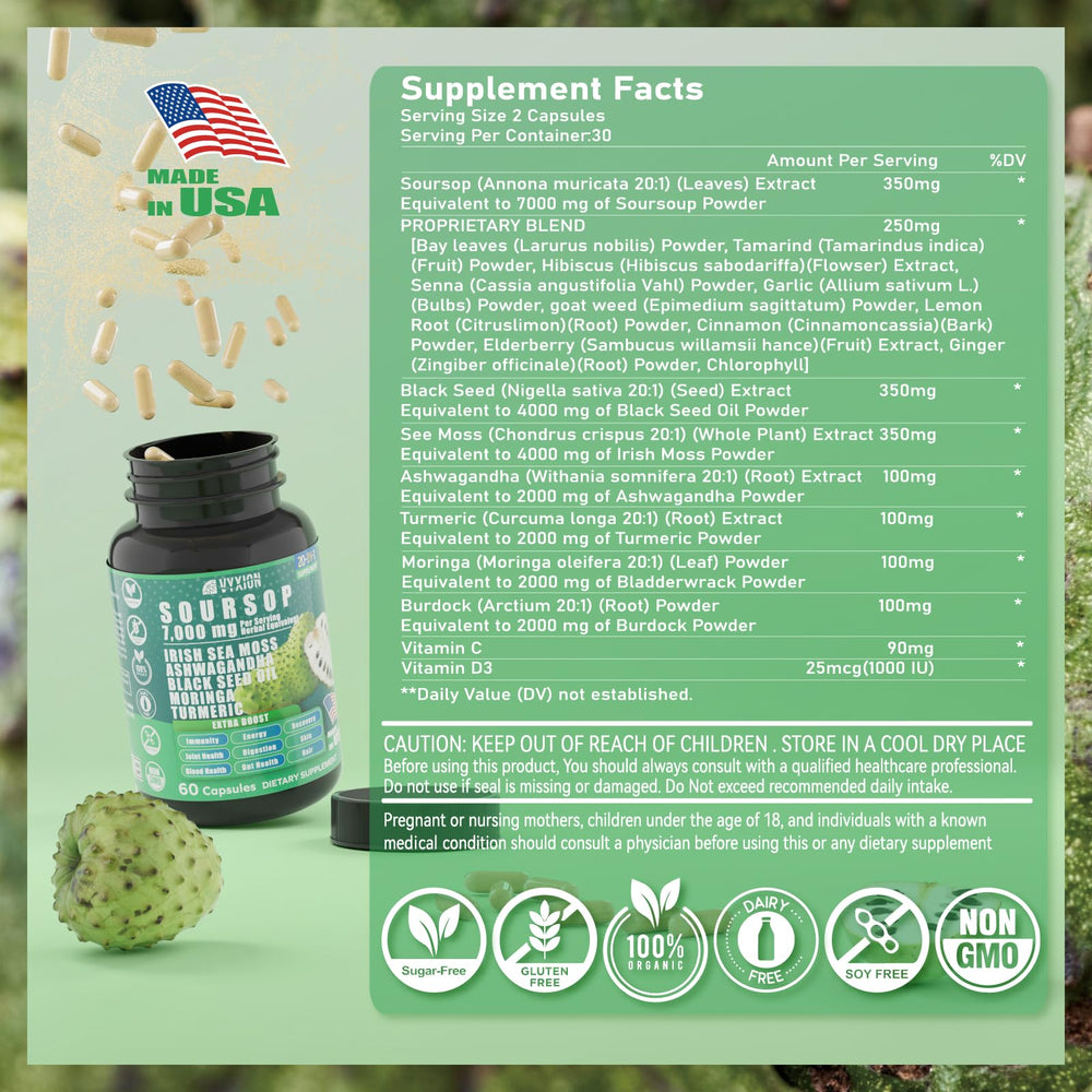 Vyxion Soursop label detail with COA and Non-GMO promise.