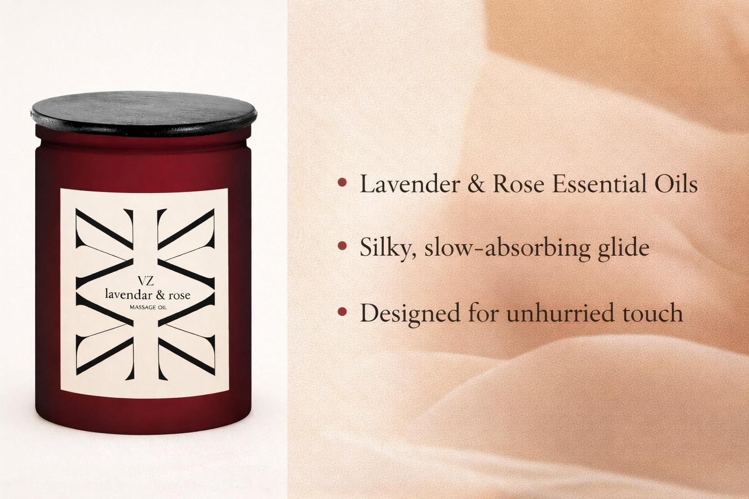 VZ Lavender Rose Massage Oil texture close-up shows smooth, quick absorption