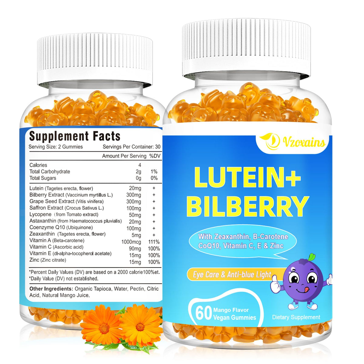 VZOXAINS 20mg lutein and zeaxanthin gummies bottle for easy daily eye support.
