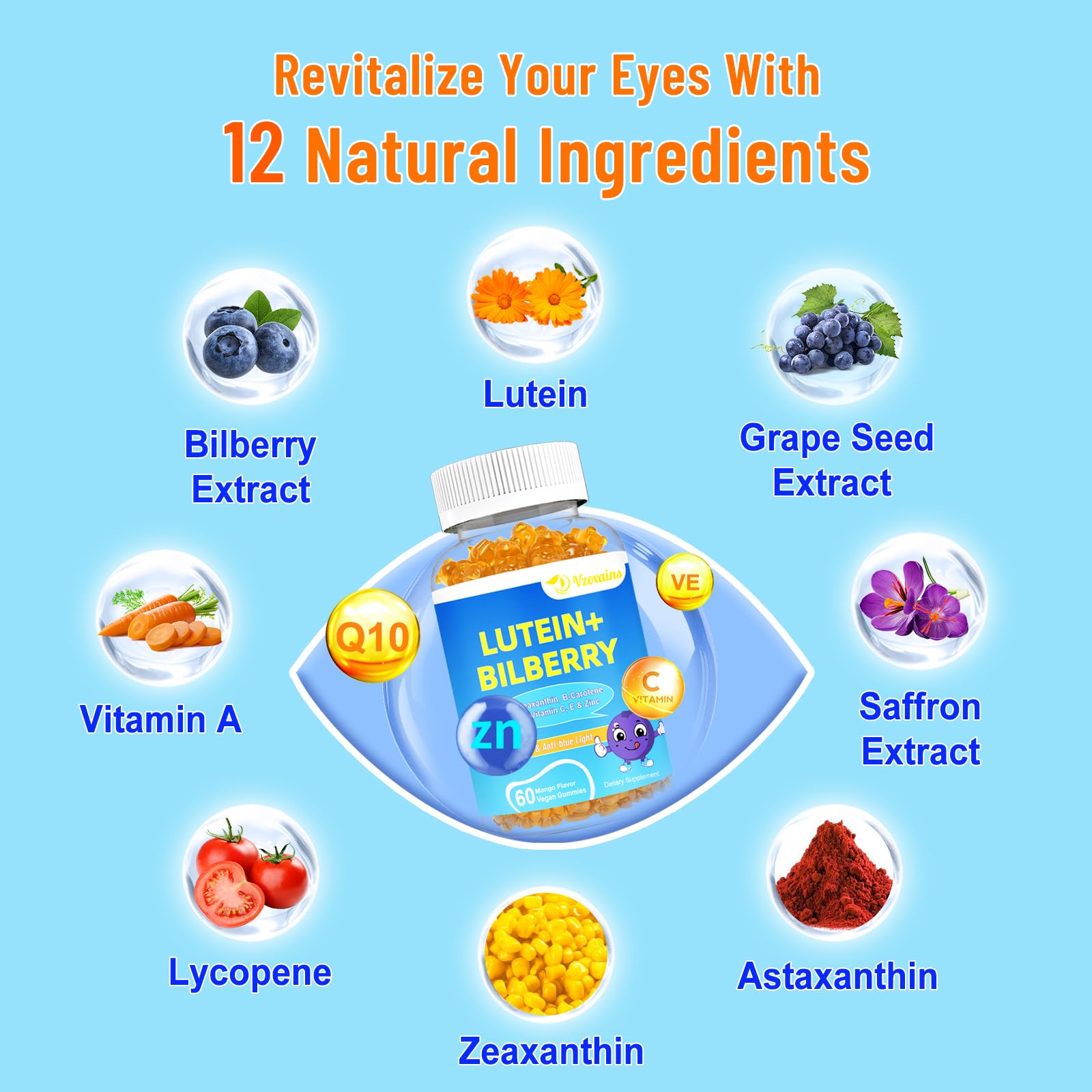VZOXAINS mango-flavored gummies closeup highlights tasty eye health care.
