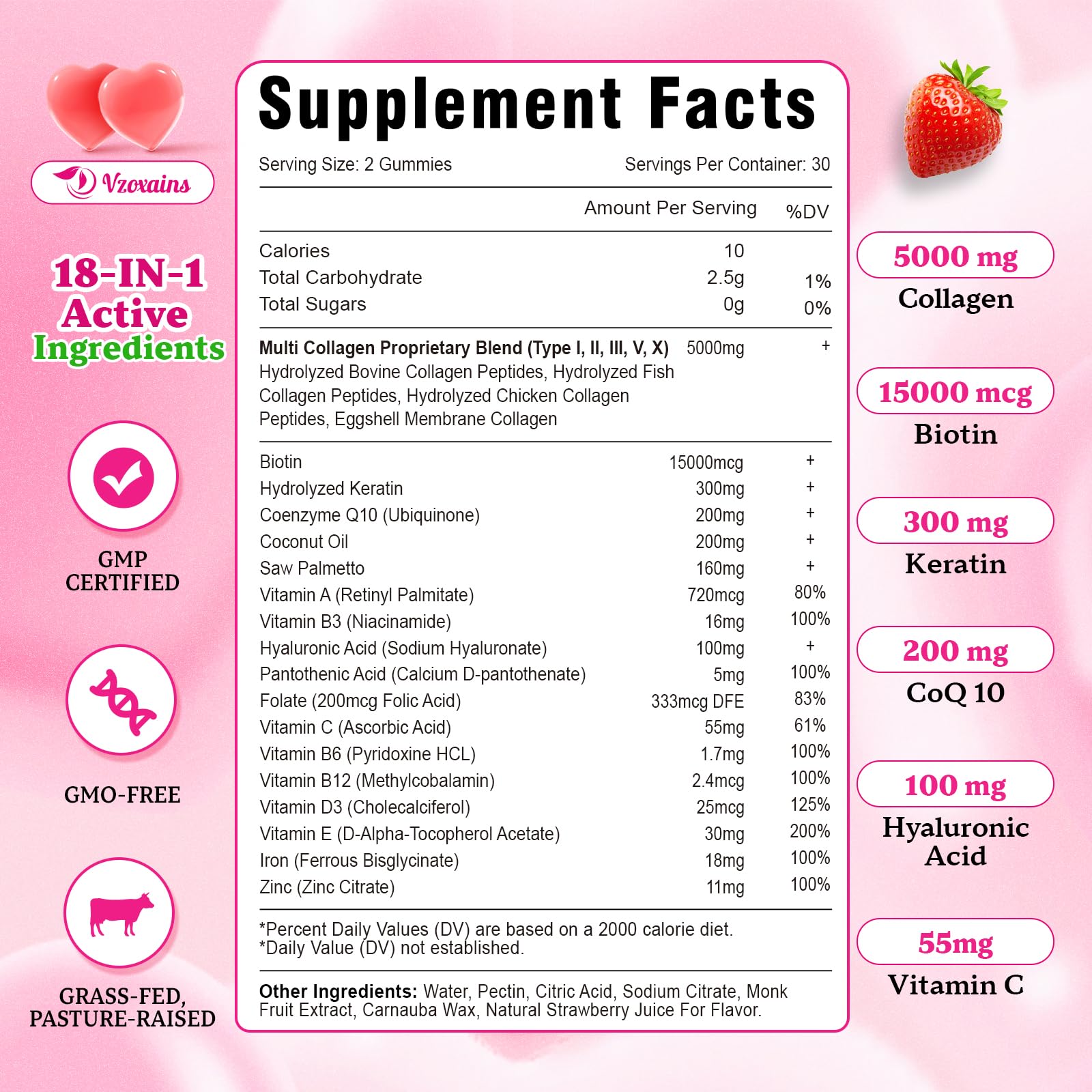 VZOXAINS Collagen Gummies front packaging emphasizes sugar-free strawberry flavor.