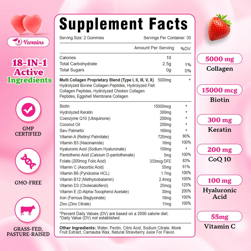 VZOXAINS Collagen Gummies front packaging emphasizes sugar-free strawberry flavor.