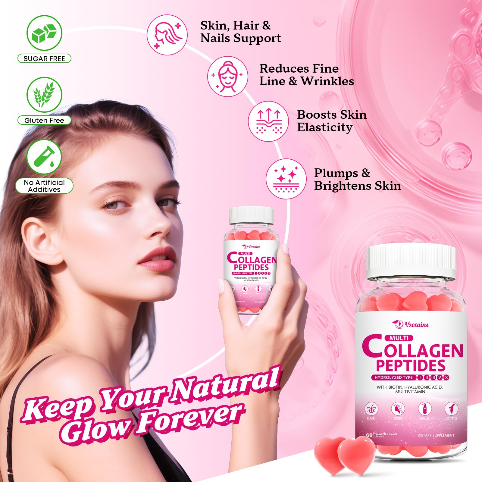 VZOXAINS Collagen Gummies on white surface illustrate an easy daily wellness ritual.