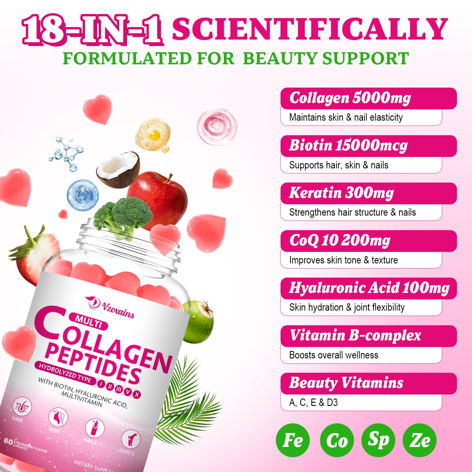 VZOXAINS Collagen Gummies strawberry close-up shows chewy texture and flavor.