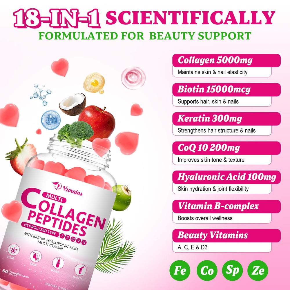 VZOXAINS Collagen Gummies strawberry close-up shows chewy texture and flavor.