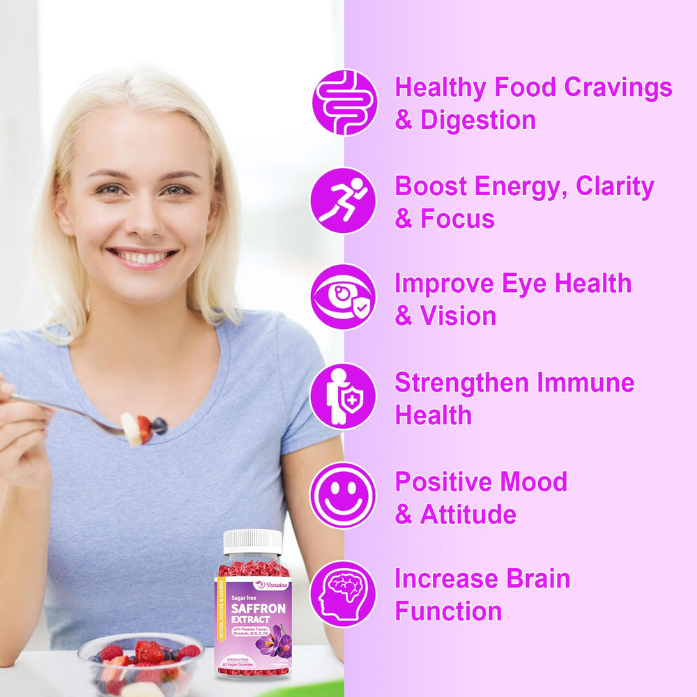 VZOXAINS saffron gummies bottle with label, highlighting 10-in-1 formula and magnesium