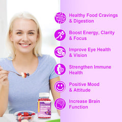 VZOXAINS saffron gummies bottle with label, highlighting 10-in-1 formula and magnesium