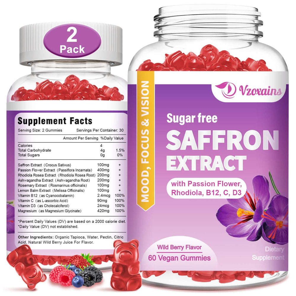 VZOXAINS saffron gummies front view, convenient daily chew for focus and mood