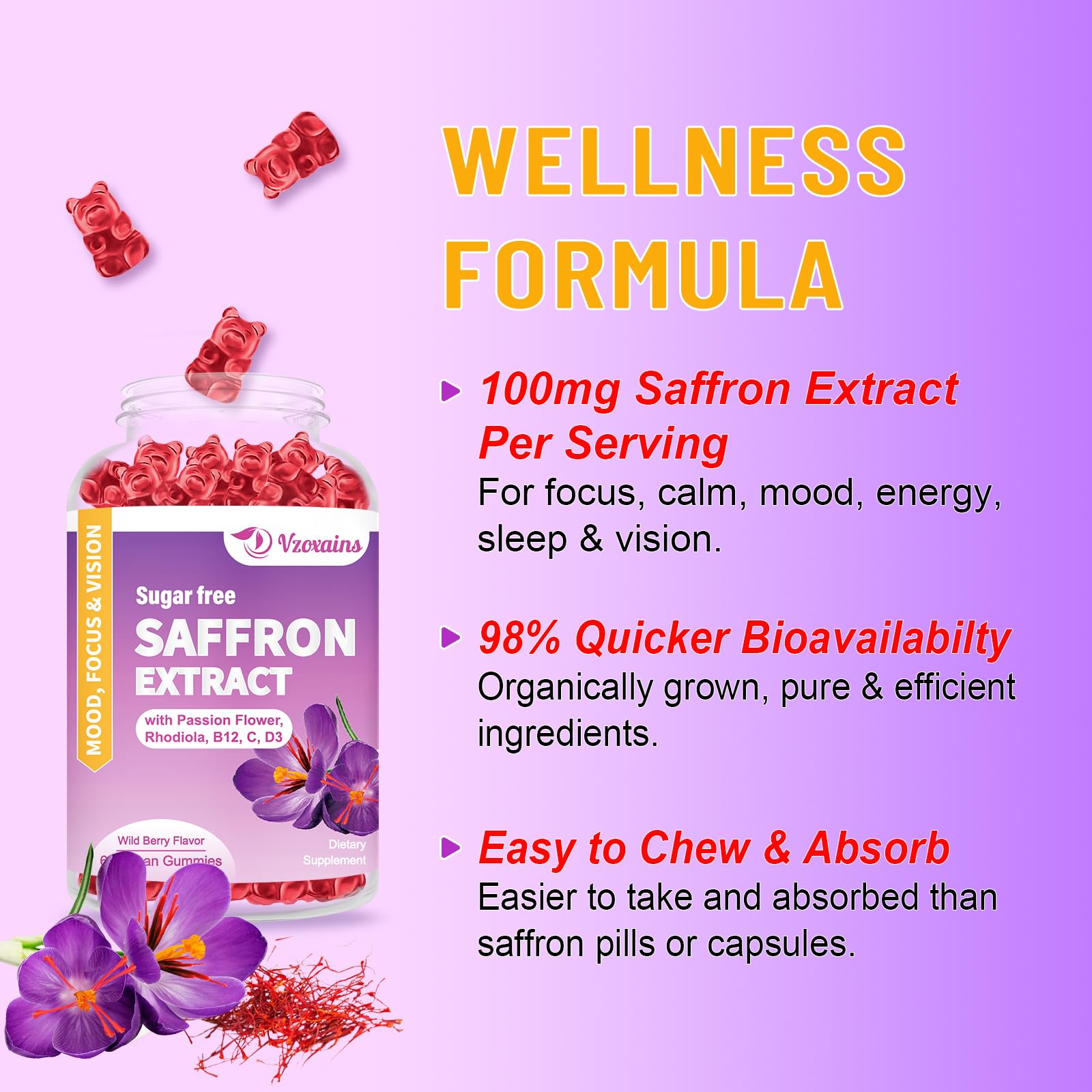 VZOXAINS saffron gummies wild berry flavor close-up, appealing taste for daily wellness