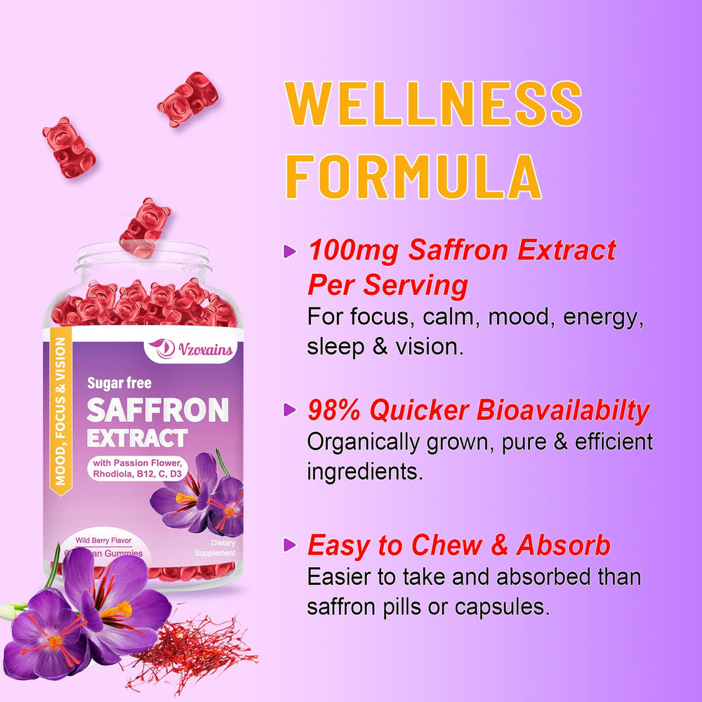 VZOXAINS saffron gummies wild berry flavor close-up, appealing taste for daily wellness
