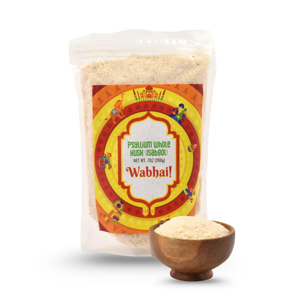 Wabhai Isabgol psyllium husk bottle shown; promotes gentle daily fiber and easy mixing.
