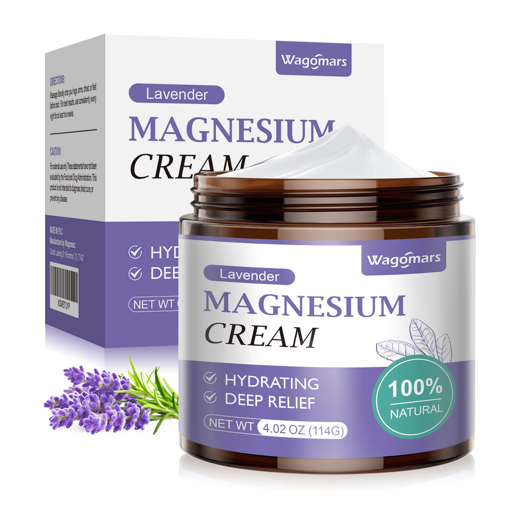 Wagomars Magnesium Cream Sleep bottle shows nighttime relief and calming lavender scent.
